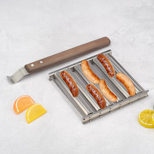 🔥Venta caliente de acero inoxidable BBQ Hot Dog Rack con mango de madera