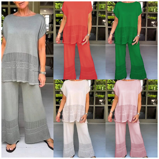 Conjunto de dos piezas de manga corta y pantalón de color liso para mujer