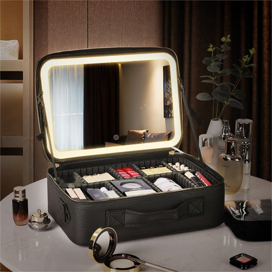 Bolsa organizadora de maquillaje de viaje con espejo LED luminoso