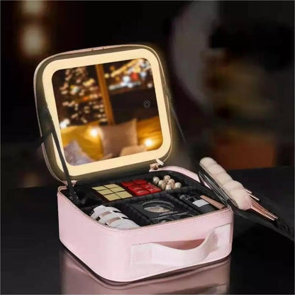 Bolsa organizadora de maquillaje de viaje con espejo LED luminoso